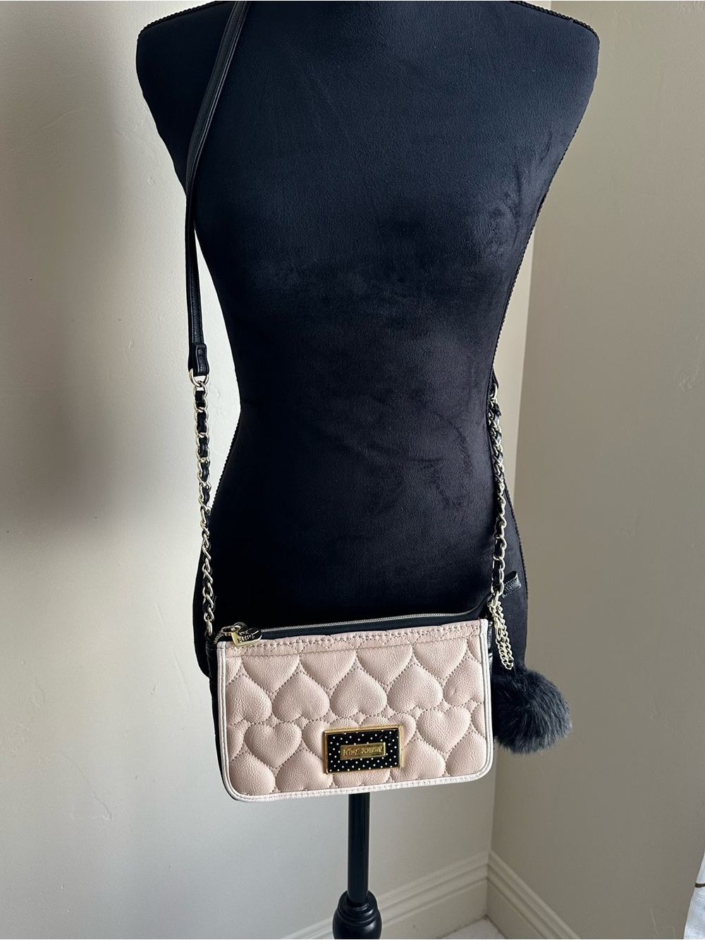 Betsy Johnson xoxo Quilted Heart Crossbody Bag in Beige and Black, pompom charm